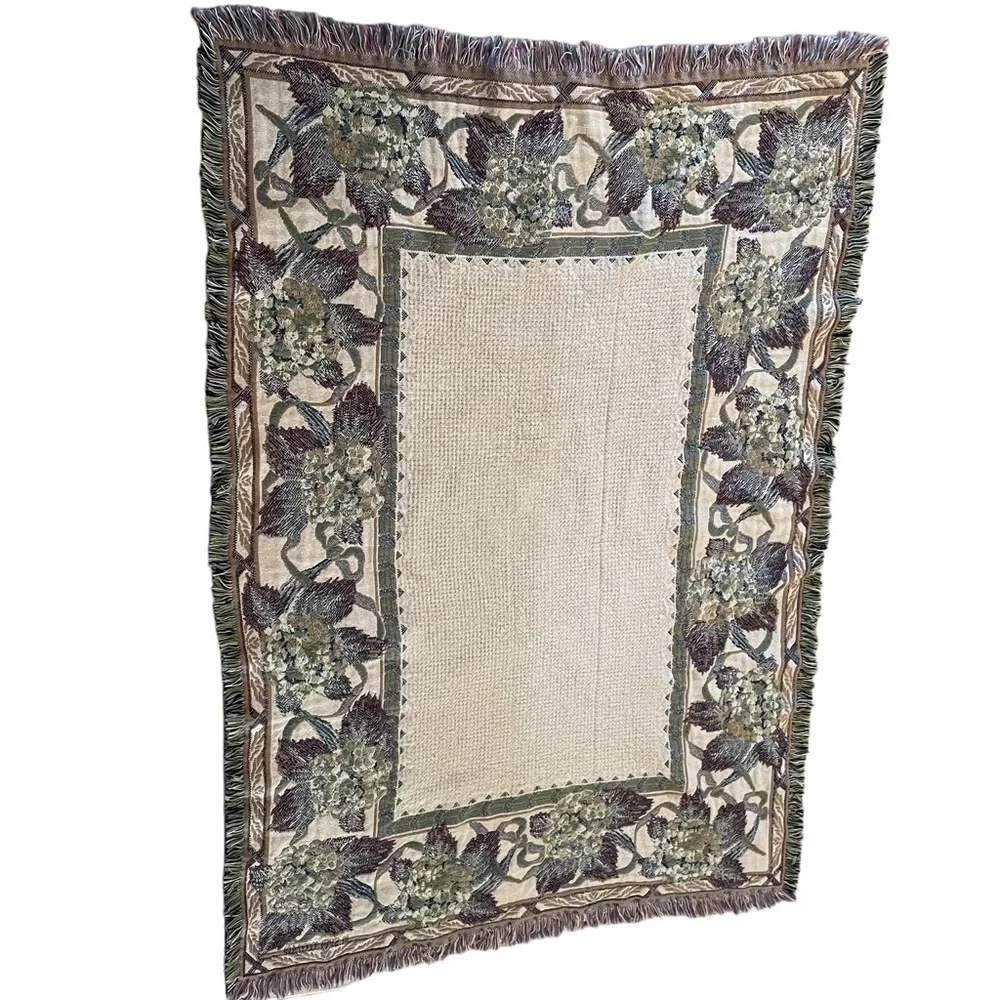 Vintage Floral Warm Fringed Throw Blanket Blue/Mauve/Green/White 46” X 67.5”